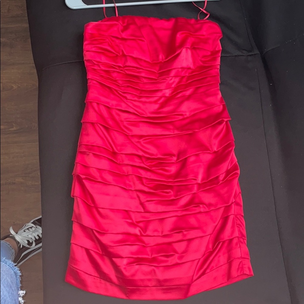 Red strapless dress!